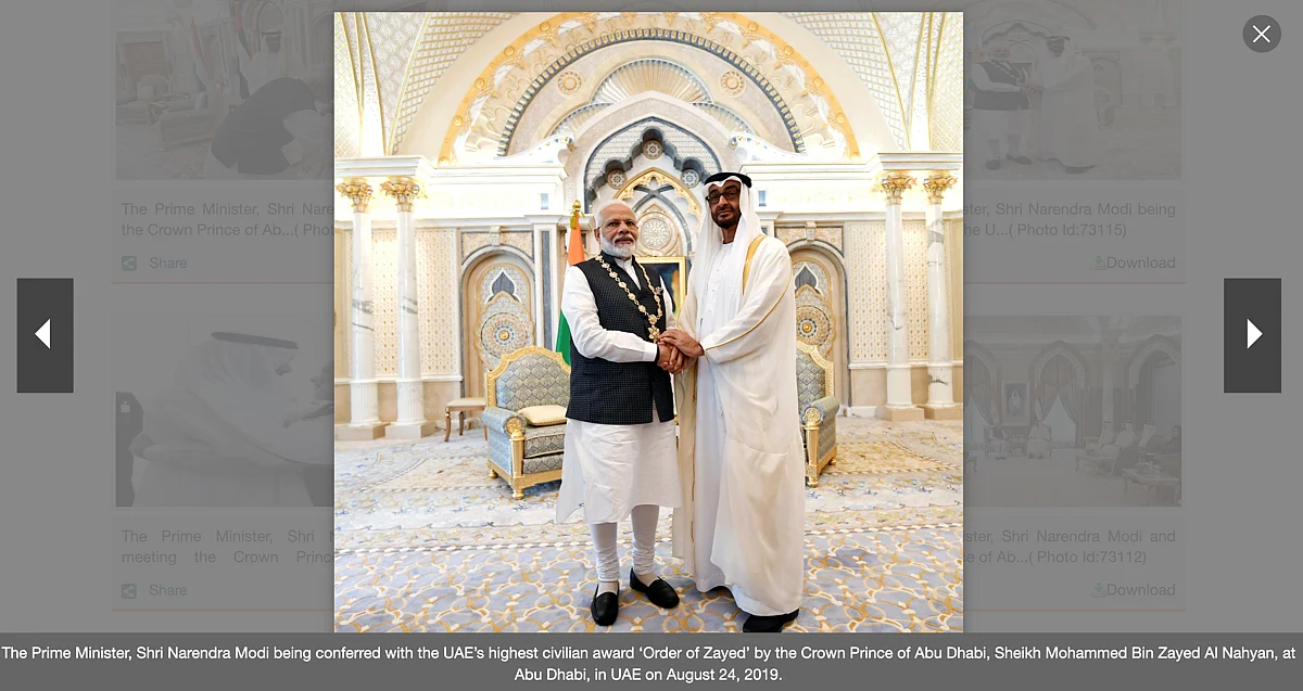 <div class="paragraphs"><p>PM Narendra Modi being conferred with the UAE’s highest civilian award ‘Order of Zayed’ by the Crown Prince of Abu Dhabi.</p></div>