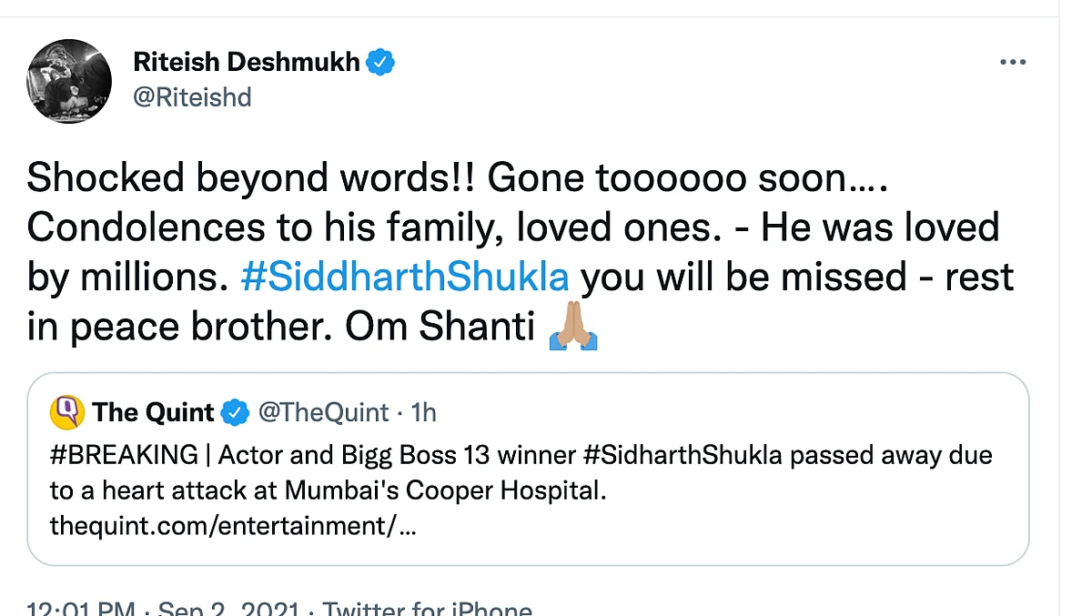 No Age to Go: Salman Khan, Vicky Kaushal, Others Mourn Sidharth Shukla's Demise