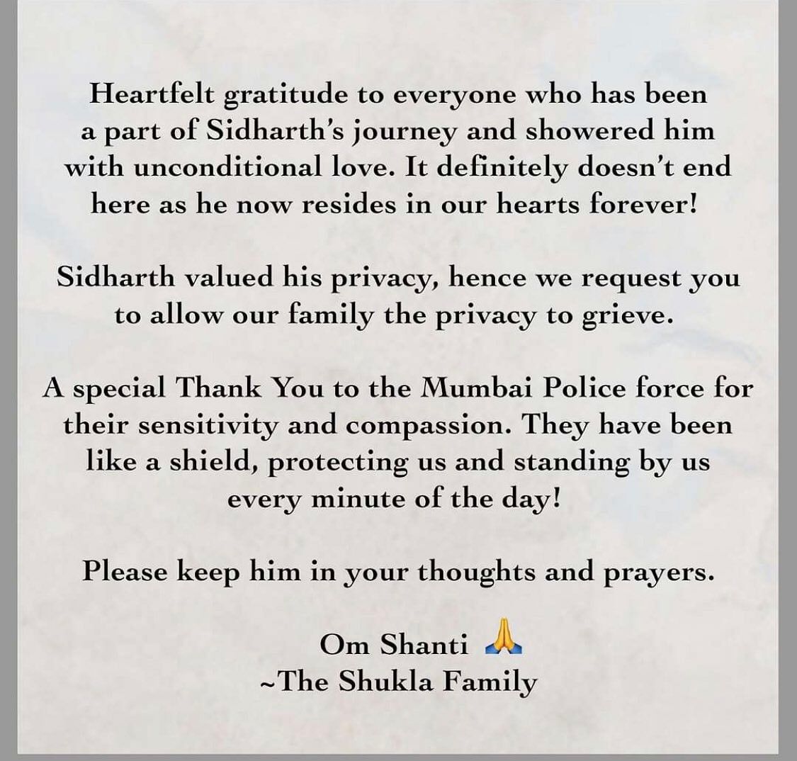 Sidharth Shukla's family thanked his fans for their support.