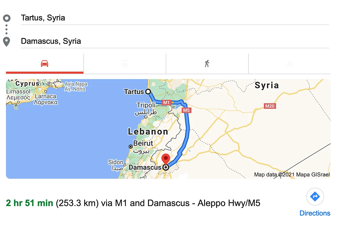 <div class="paragraphs"><p>Distance between Tartus and Damascus nearly 253 km. </p></div>