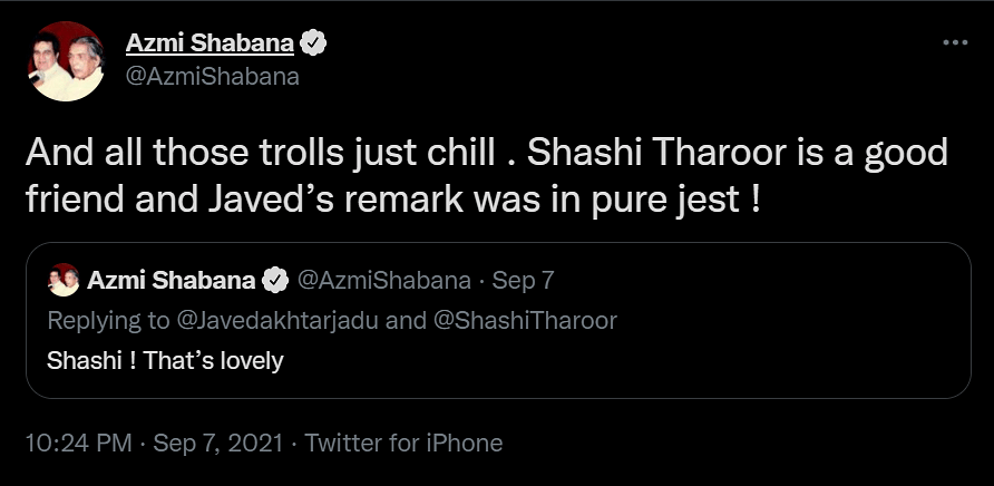 Shabana Azmi wrote that Javed Akhtar's reaction Shashi Tharoor's video was in jest.