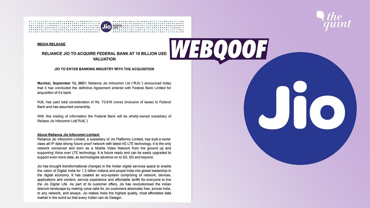 <div class="paragraphs"><p>The 'press release' in circulation made the false claim that Reliance Jio is going to acquire Federal Bank.</p></div>