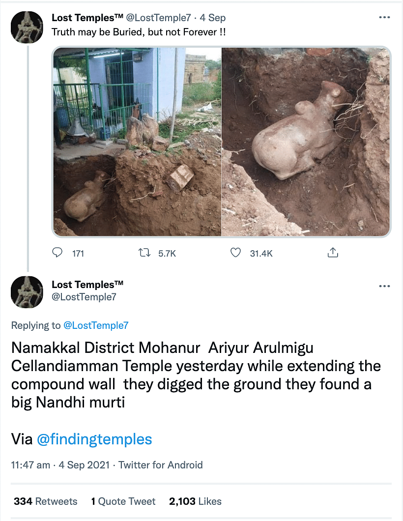 The image is from Tamil Nadu and the idol was found during reconstruction work at the Sellandiamman temple.