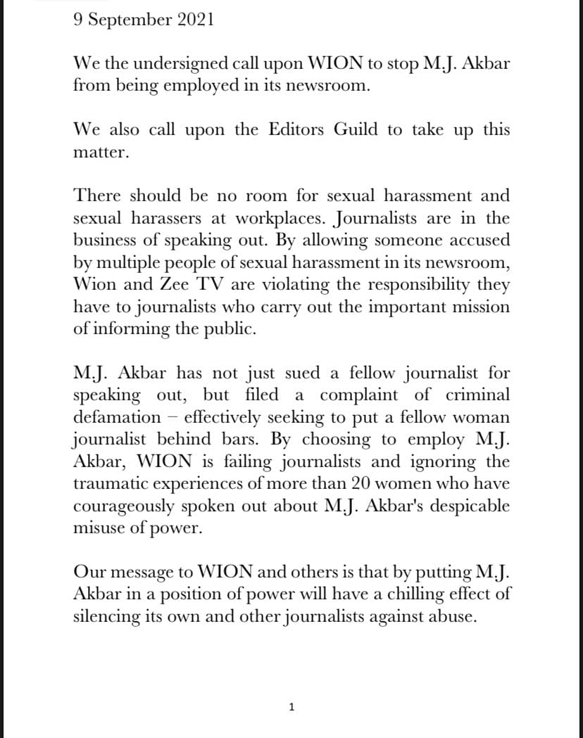 mk akbar wion open letter journalists