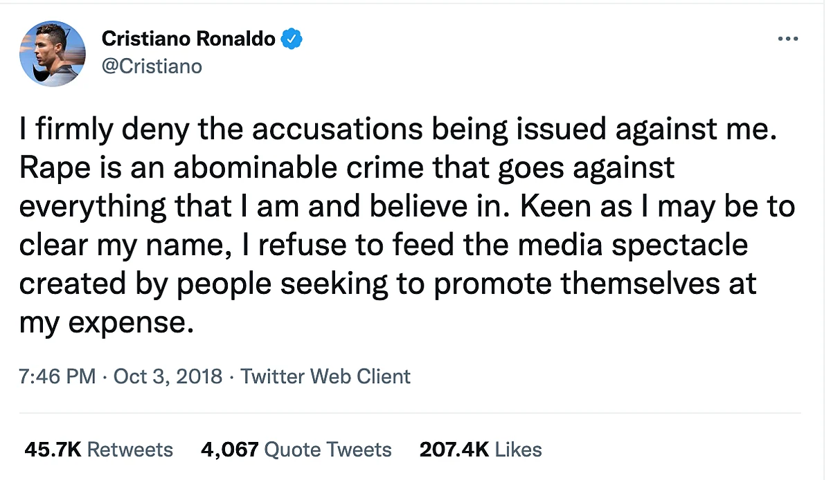 <div class="paragraphs"><p>Ronaldo's statement following rape accusations.</p></div>