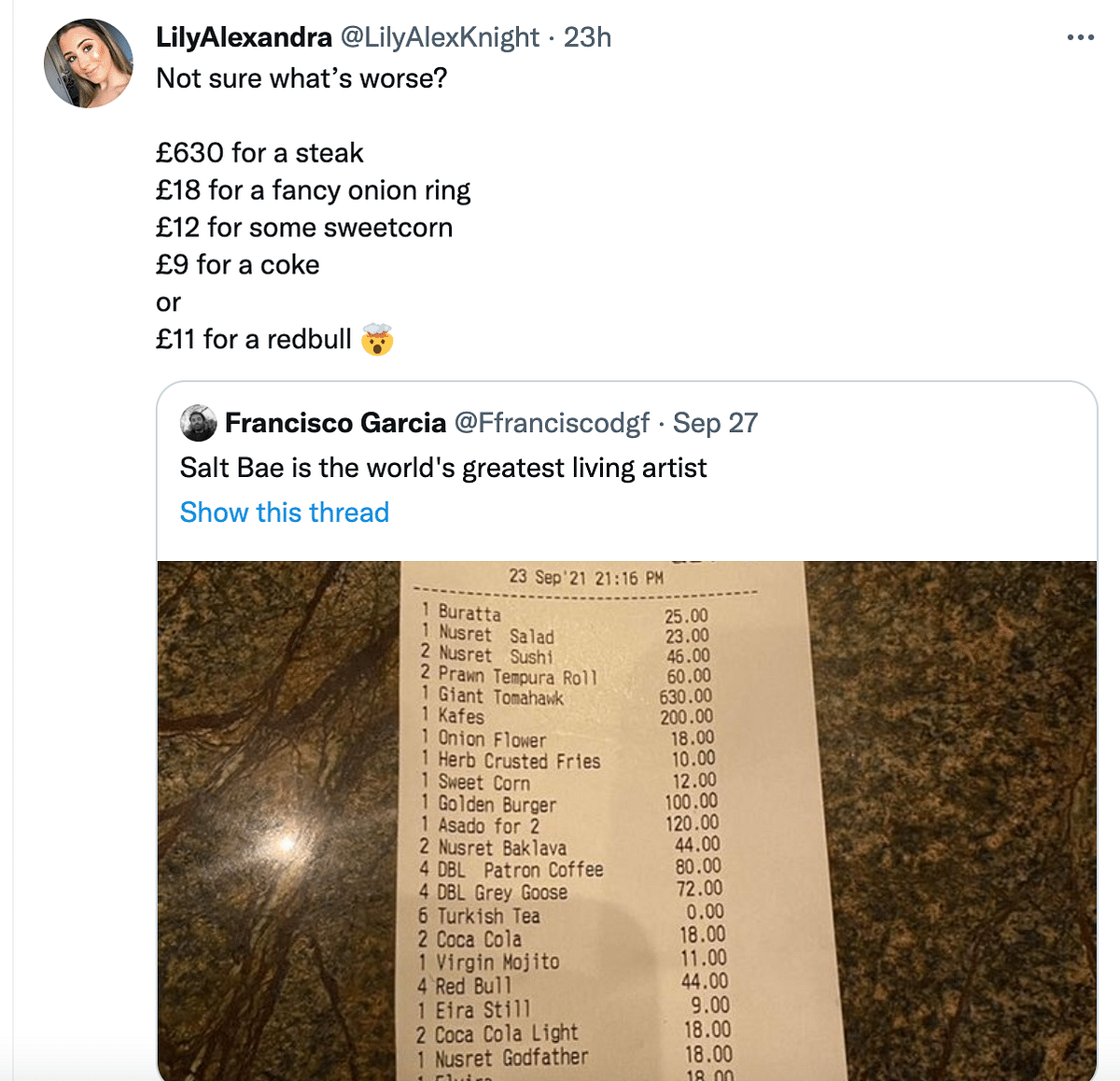 Right from £11 for a can of Red Bull, to a £236 service charge, a user shared a bill from the restaurant on Twitter.