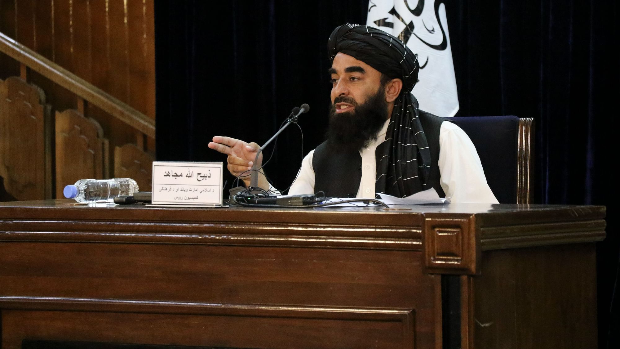 <div class="paragraphs"><p>Taliban spokesman Zabihullah Mujahid speaks during a press conference on Monday.</p></div>