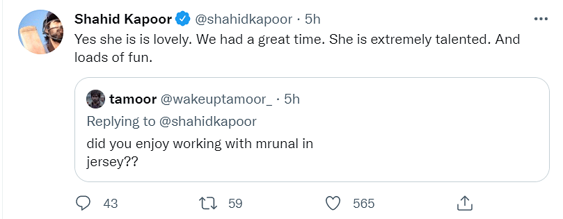 Shahid Kapoor also shared his experience of working with Jersey co-star Mrunal Thakur.