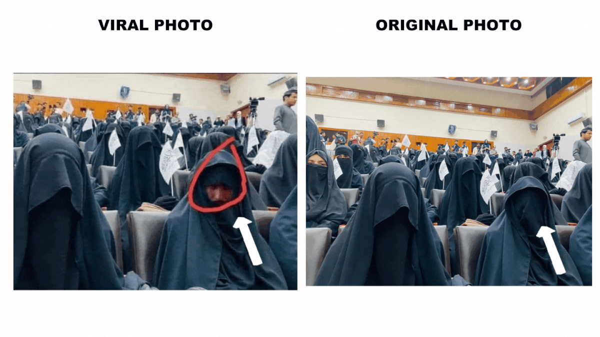 A photograph showing a group of burqa-clad women in a hall was morphed with the face of a man.