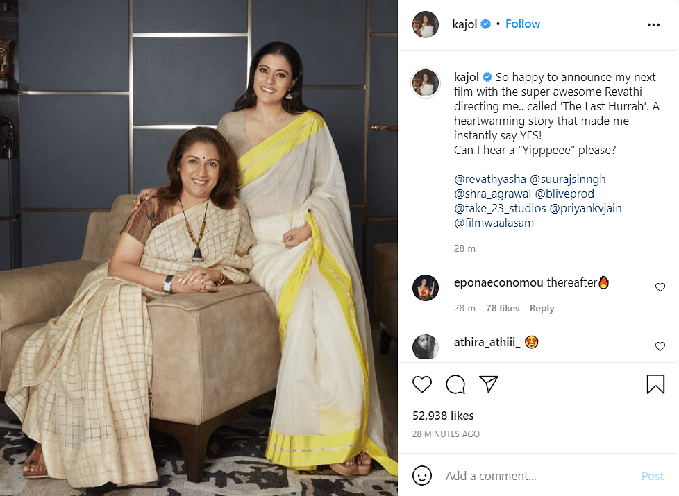Kajol shared a picture with veteran actor Revathy, who will be directing The Last Hurrah.