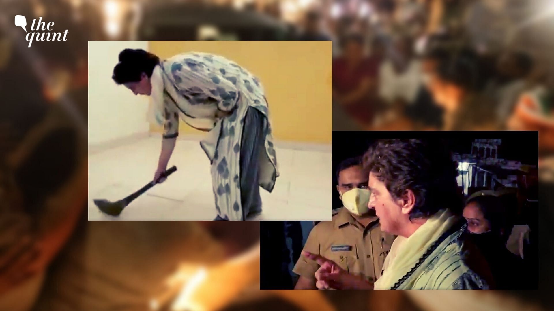 <div class="paragraphs"><p>Congress leader Priyanka Gandhi Vadra could be seen sweeping the floor of the room in which she has been detained.&nbsp;</p></div>