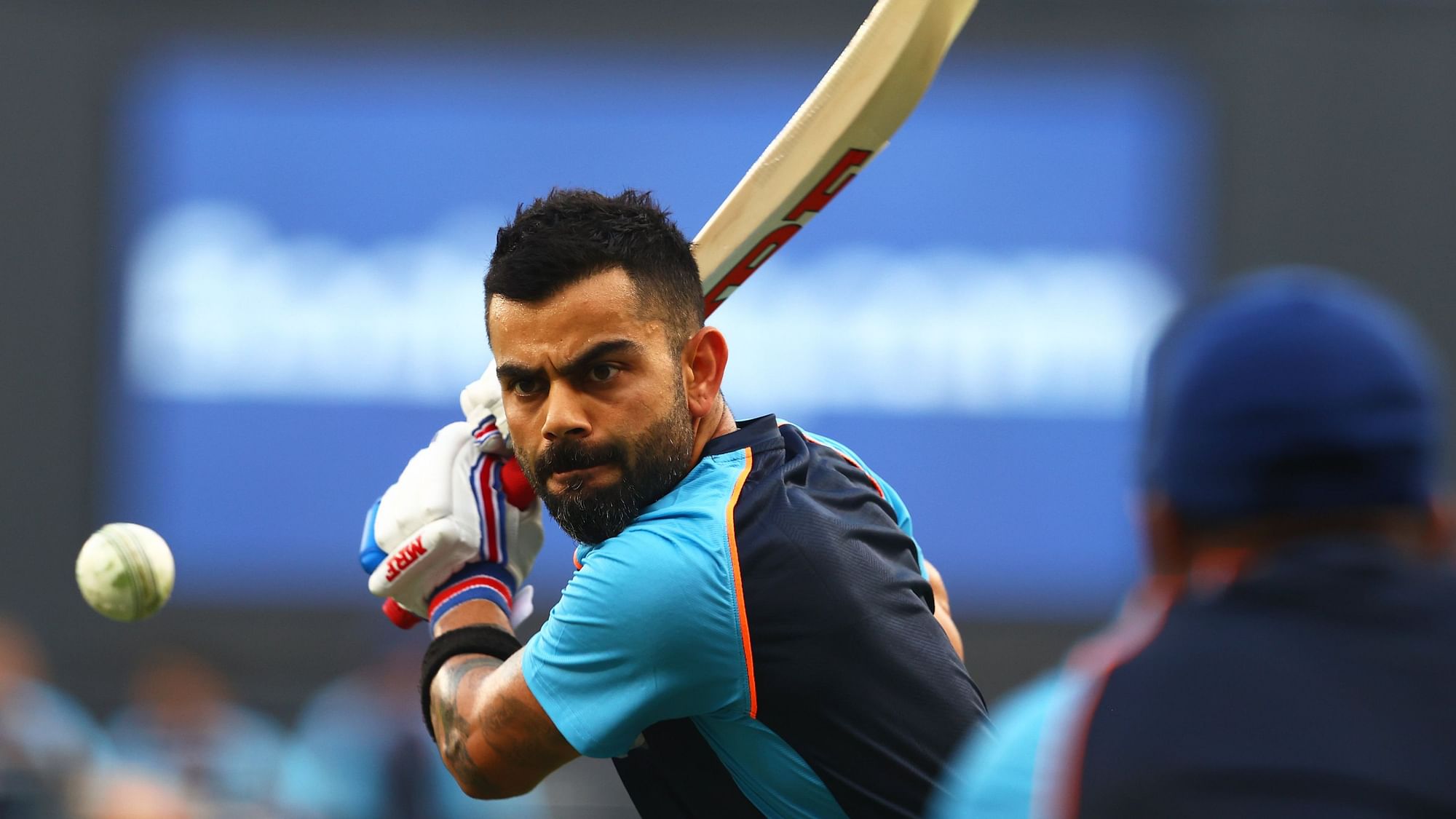 <div class="paragraphs"><p>Virat Kohli during a training session at the 2021 T20 World Cup.</p></div>