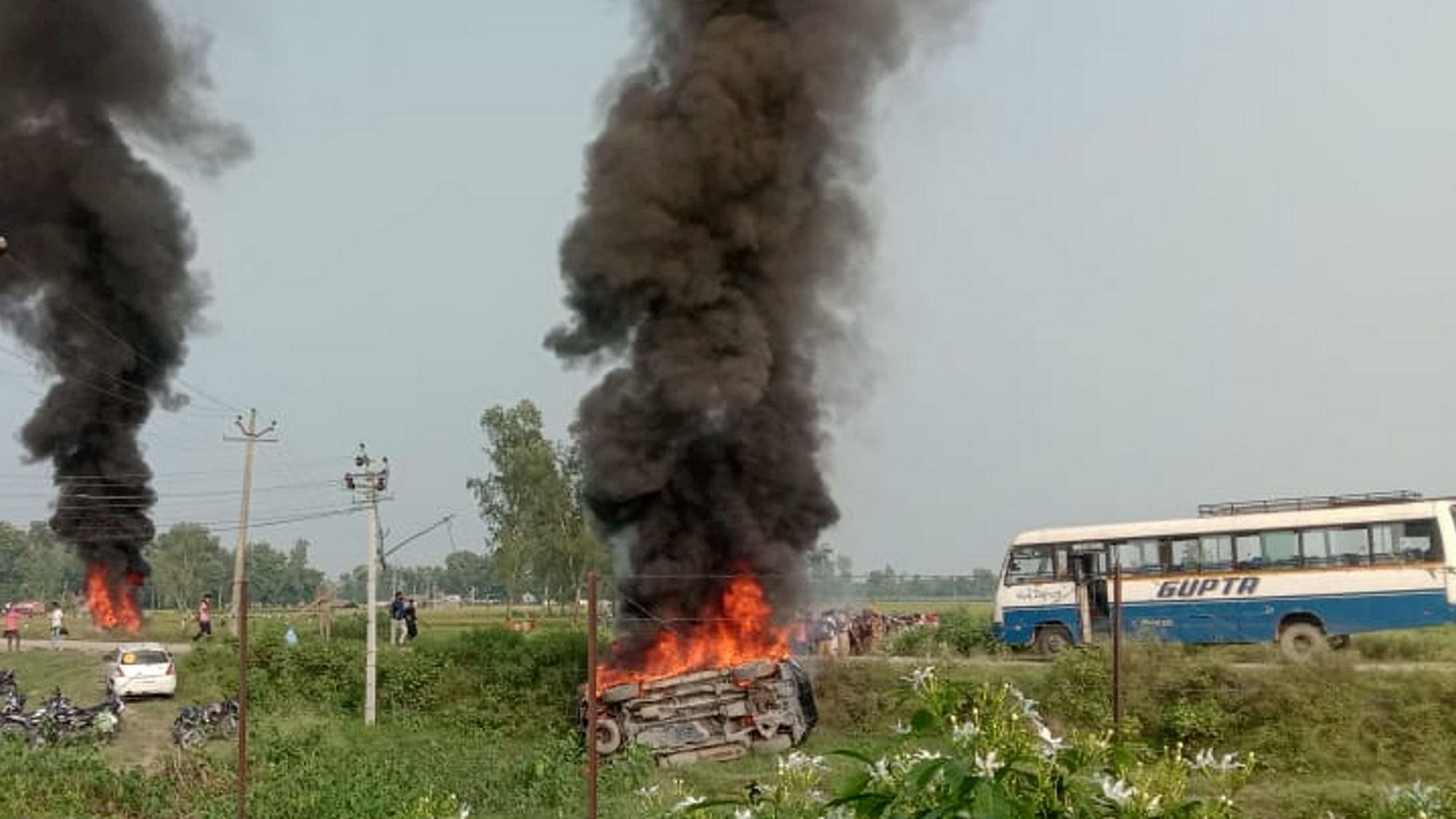 <div class="paragraphs"><p>Lakhimpur Kheri: A vehicle was set ablaze after violence broke out at a farmers' protest where they were allegedly run over by a vehicle of the convoy of a union minister, 3 October.</p></div>