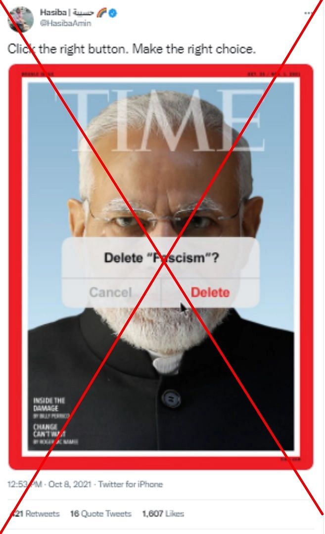 The real cover shows Facebook CEO Mark Zuckerberg's face with the words 'Delete Facebook' across it and not PM Modi.