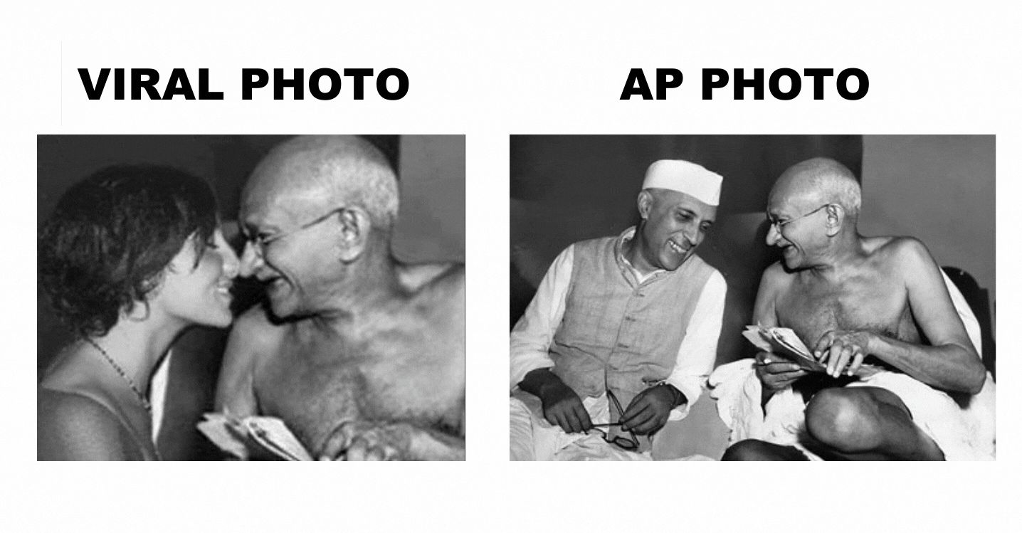 The original photo shows Mahatma Gandhi joking with late Prime Minister Jawaharlal Nehru.