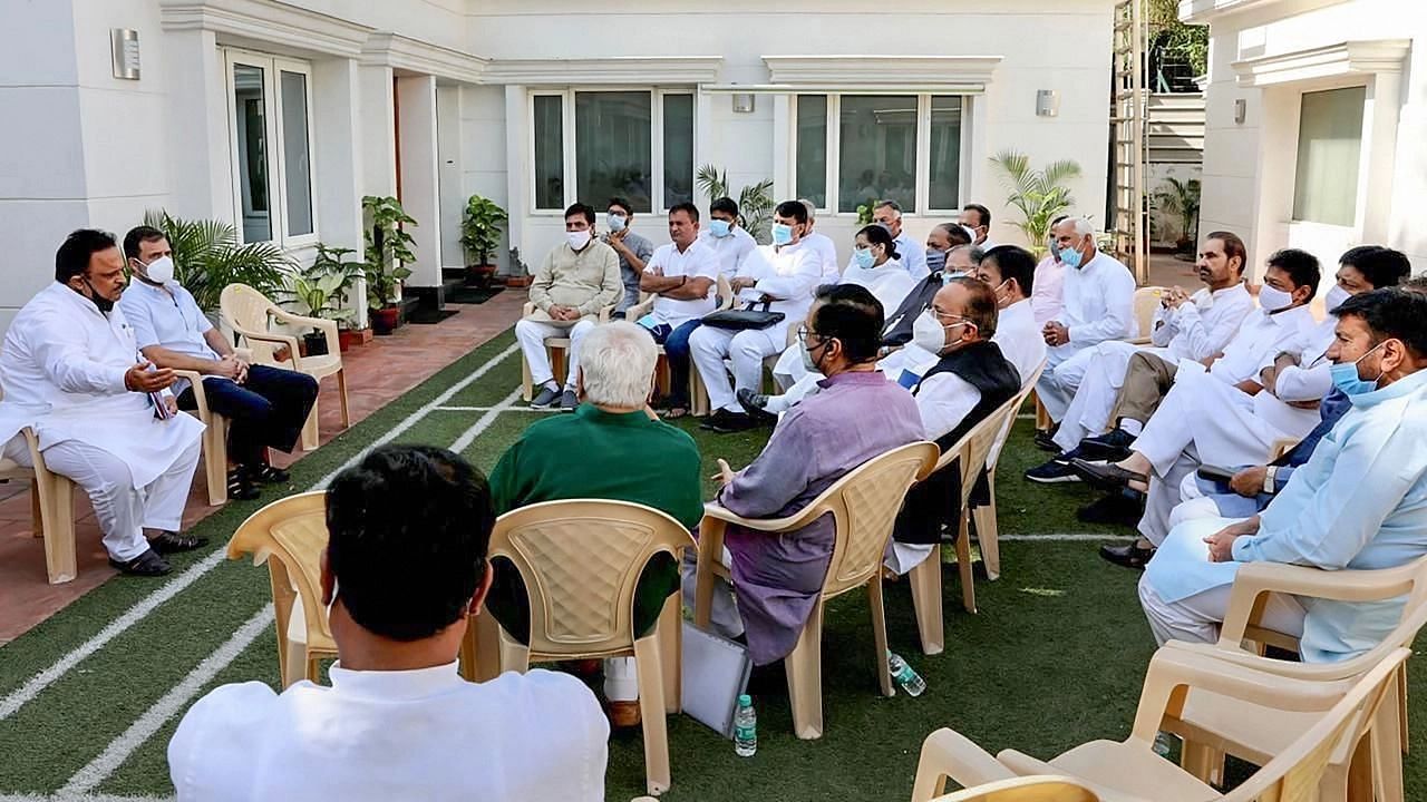 <div class="paragraphs"><p>Congress leader Rahul Gandhi with Gujarat PCC leaders during a meeting, in New Delhi.</p></div>