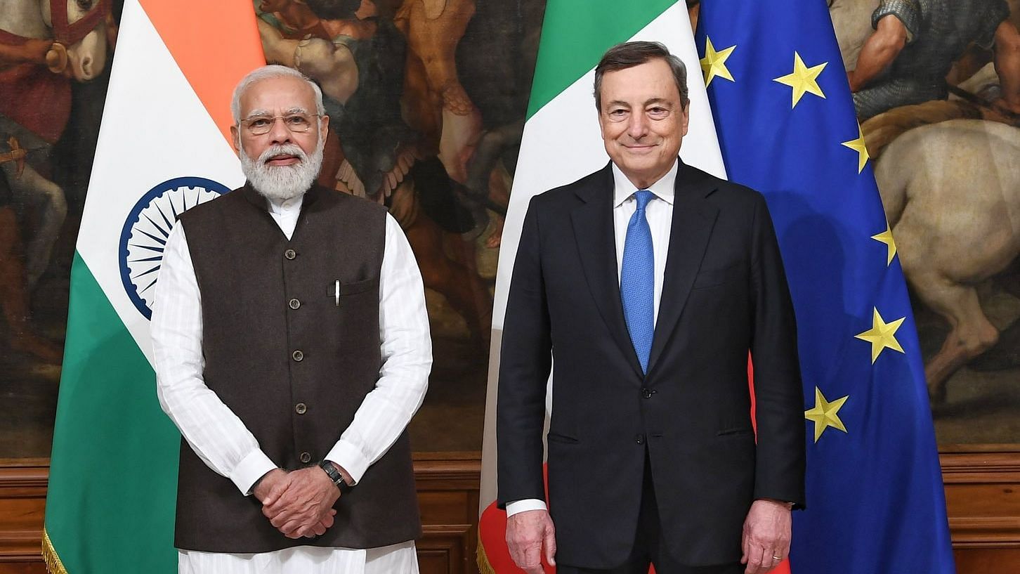 <div class="paragraphs"><p>PM Modi poses for a photo with the Italian PM Mario Draghi in Rome on Friday.</p></div>