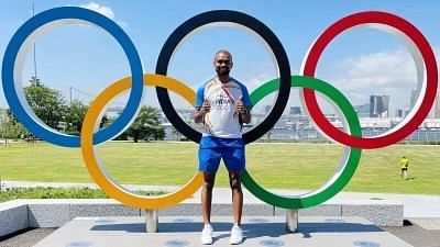 <div class="paragraphs"><p>PR Sreejesh poses with the Olympic rings.</p></div>