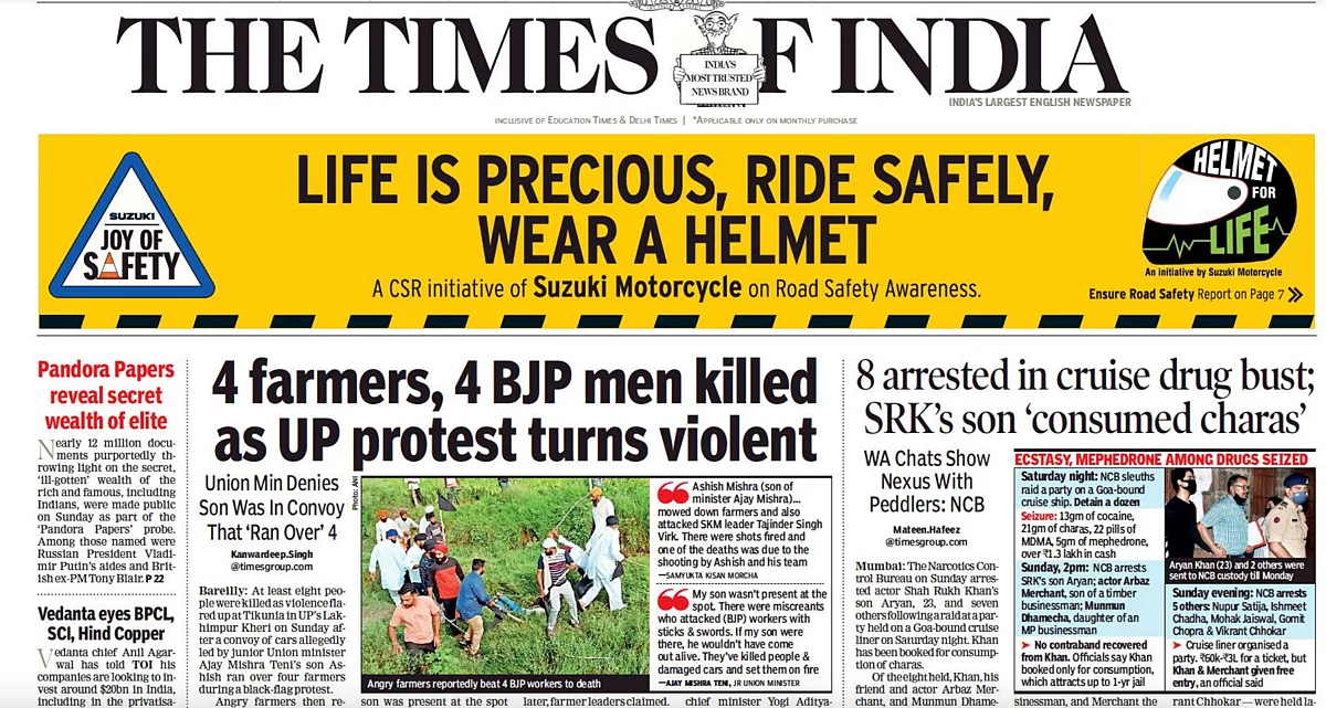 Farmers' Death in UP & Aryan Khan's Arrest: How Leading Dailies Covered the News