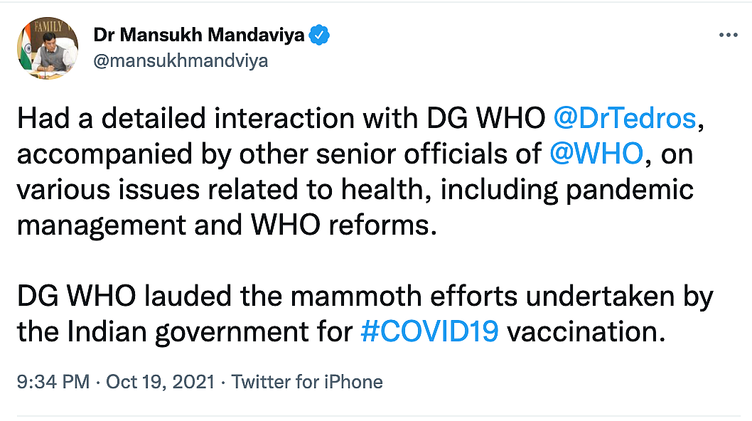 Health Minister Discussed Emergency Use of India’s Covaxin with WHO
