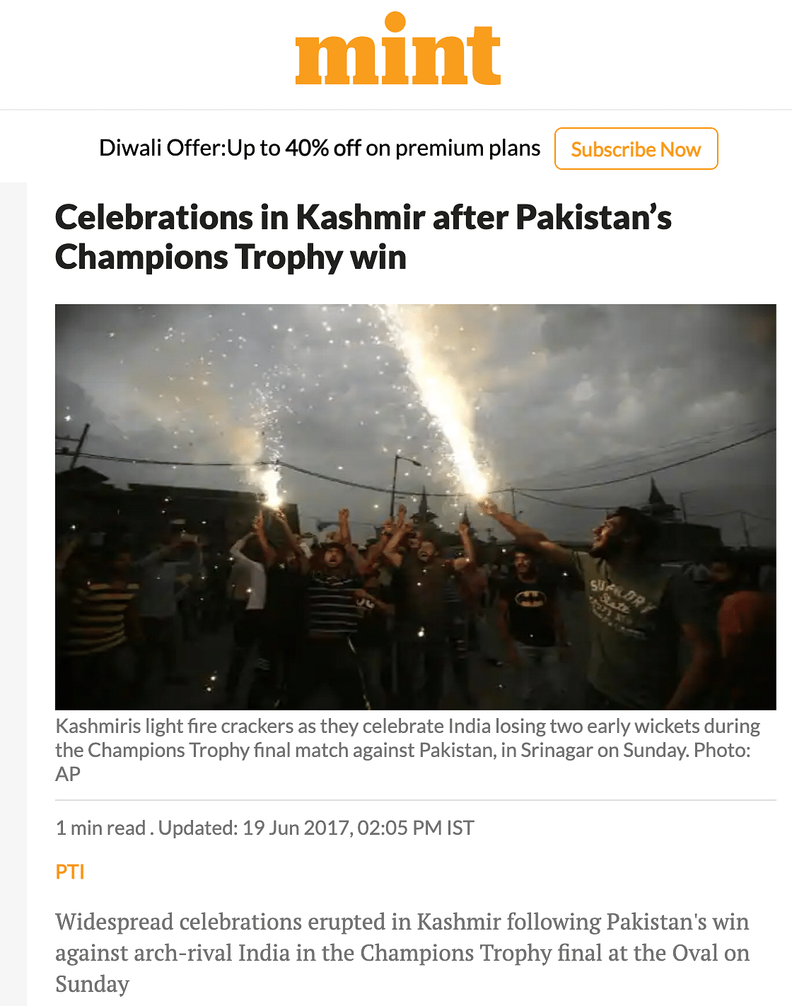 The video is from 2017 when Kashmiris celebrated Pakistan's win over India in the Champions Trophy finals.