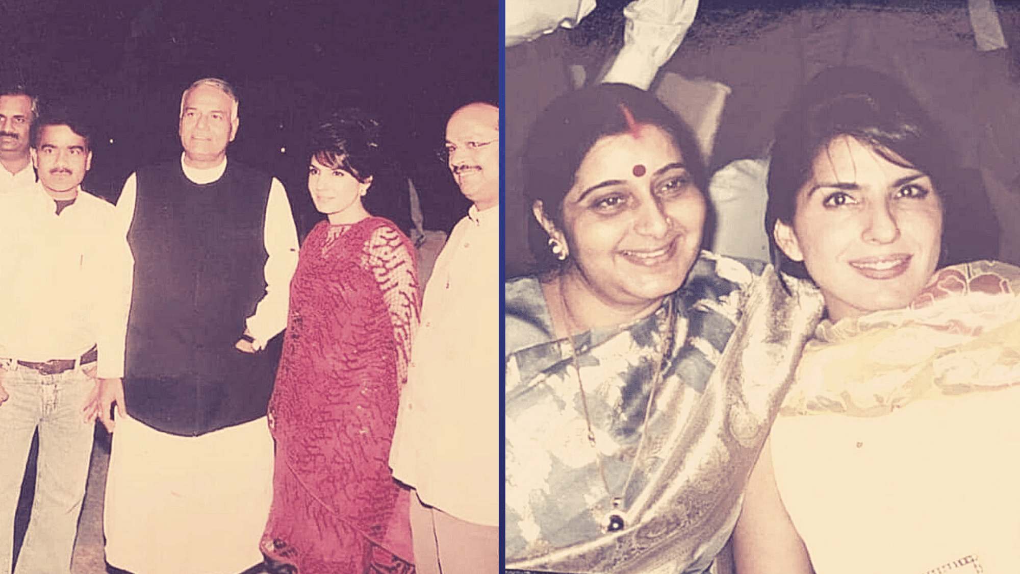 <div class="paragraphs"><p>Photos of Pakistani journalist Aroosa Alam with Yashwant Sinha (left), and with late Sushma Swaraj (right).</p></div>