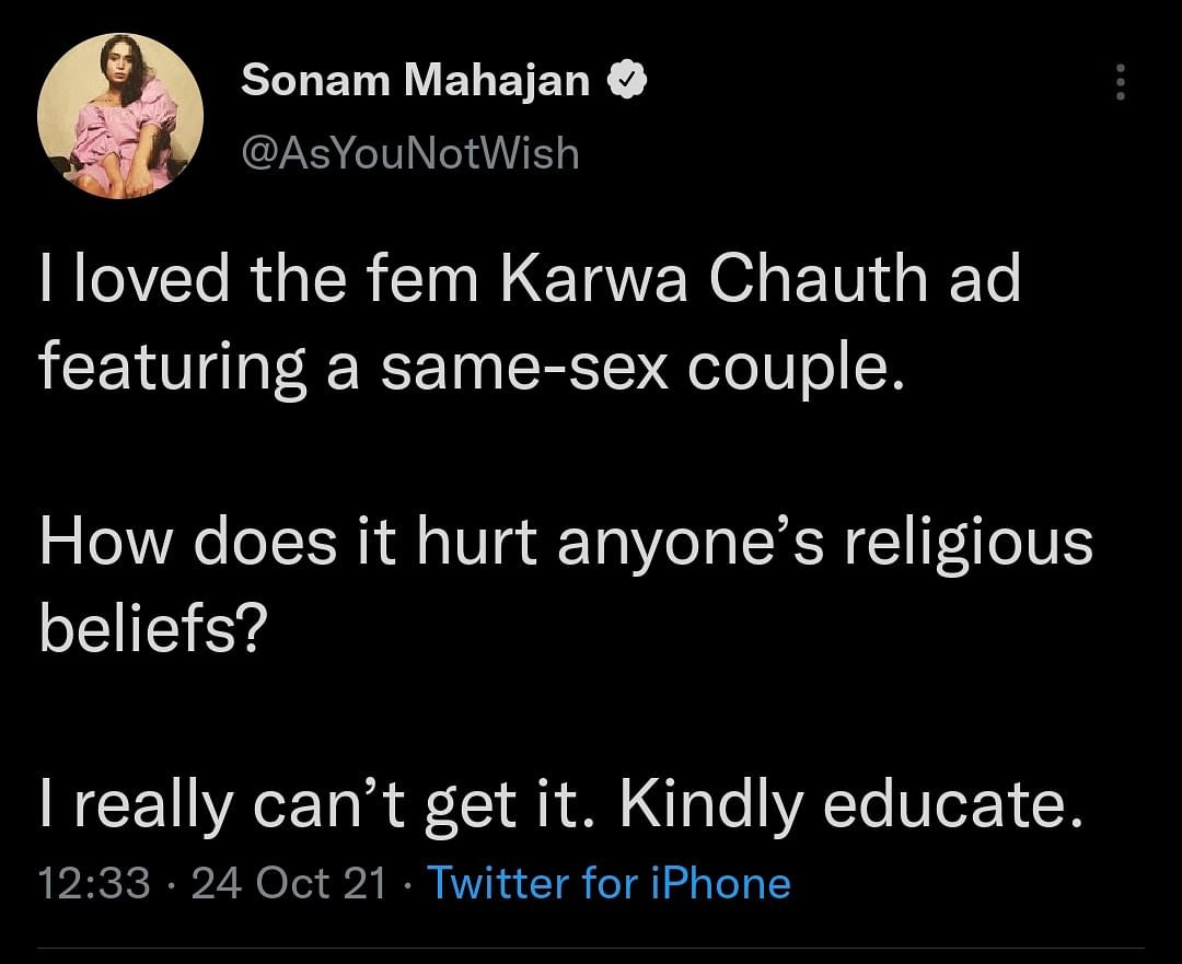 The video of the ad shows two young women preparing for their first Karwa Chauth 