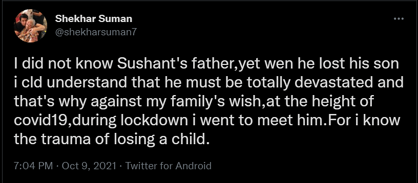 Shekhar Suman also said that he visited late Sushant Singh Rajput's father after the actor's demise.