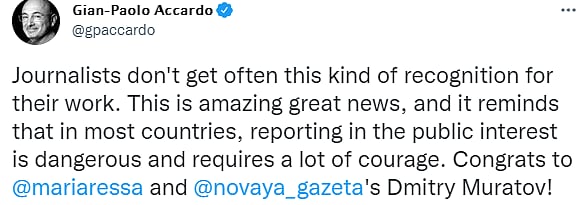 Journalism Just Won A Nobel: Twitter Celebrates as Two Editors Win Peace Prize