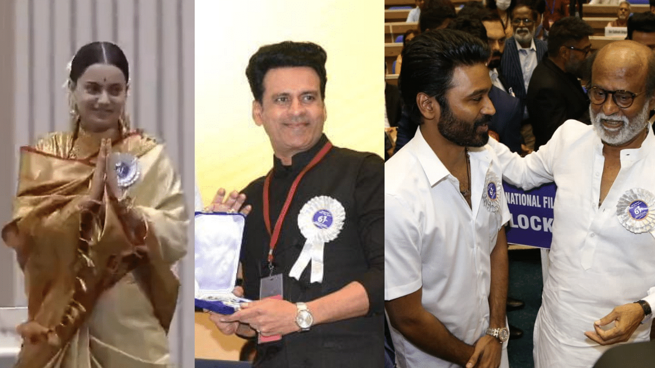 <div class="paragraphs"><p>Kangana Ranaut, Manoj Bajpayee, Rajinikanth and Dhanush at the 67th National Film Awards.</p></div>