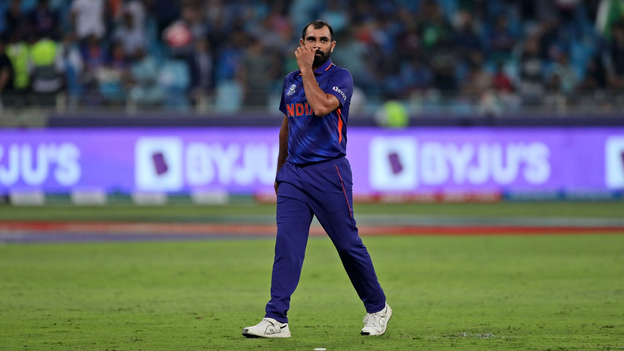 <div class="paragraphs"><p>India's Mohammad Shami reacts after he was hit for three consecutive boundaries during the Twenty20 World Cup match against Pakistan in Dubai on Sunday, 24 October.<br></p></div>
