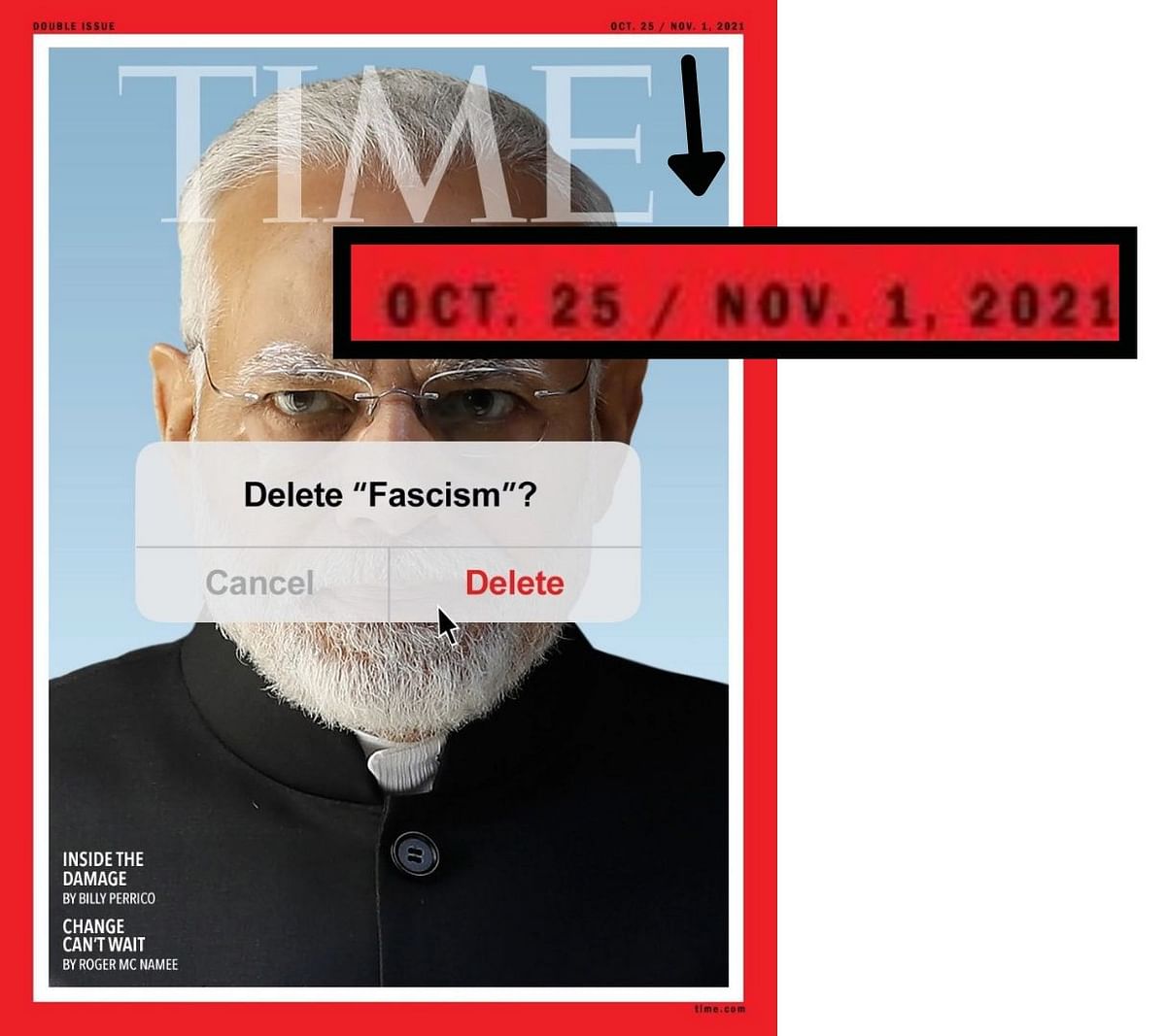 The real cover shows Facebook CEO Mark Zuckerberg's face with the words 'Delete Facebook' across it and not PM Modi.