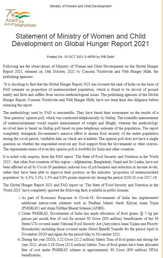<div class="paragraphs"><p>Statement on the Global Hunger Index report by the Ministry of Women and Child Development. </p></div>