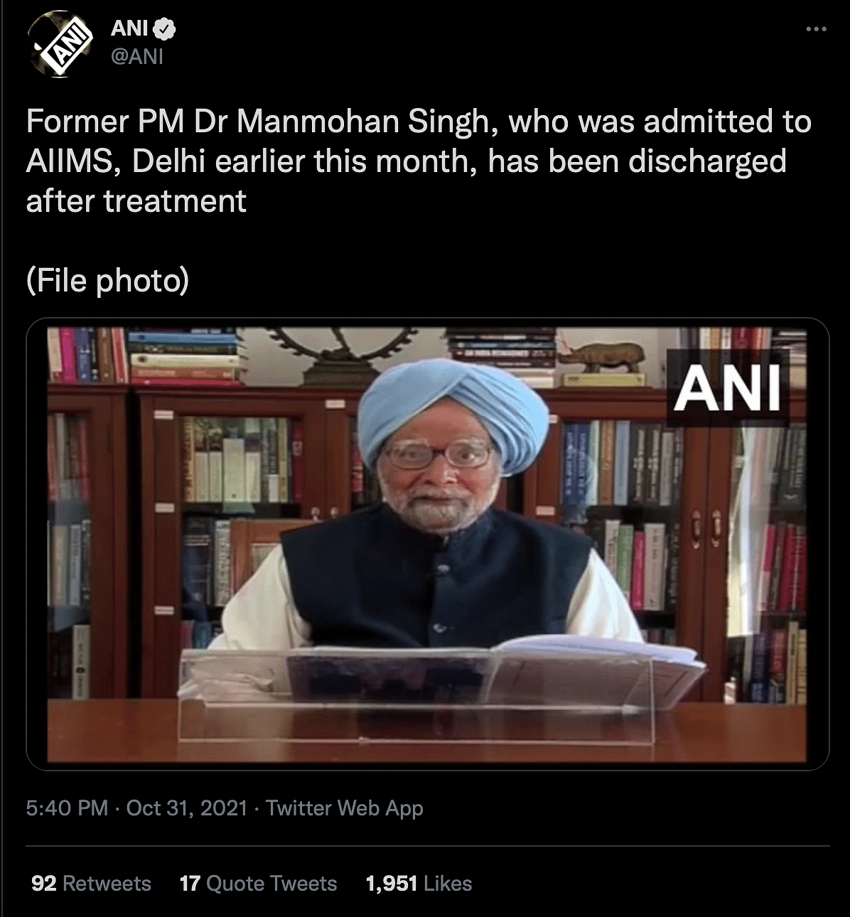 The former PM was admitted to AIIMS in Delhi on 13 October due to fever and weakness.