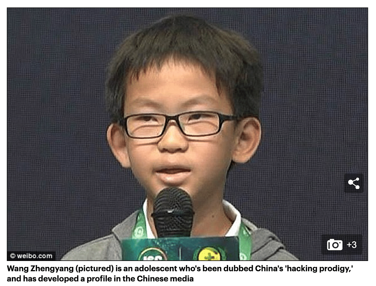 The boy in the picture is "China's youngest hacker" Wang Zhengyang who was 13 years old back in 2014. 