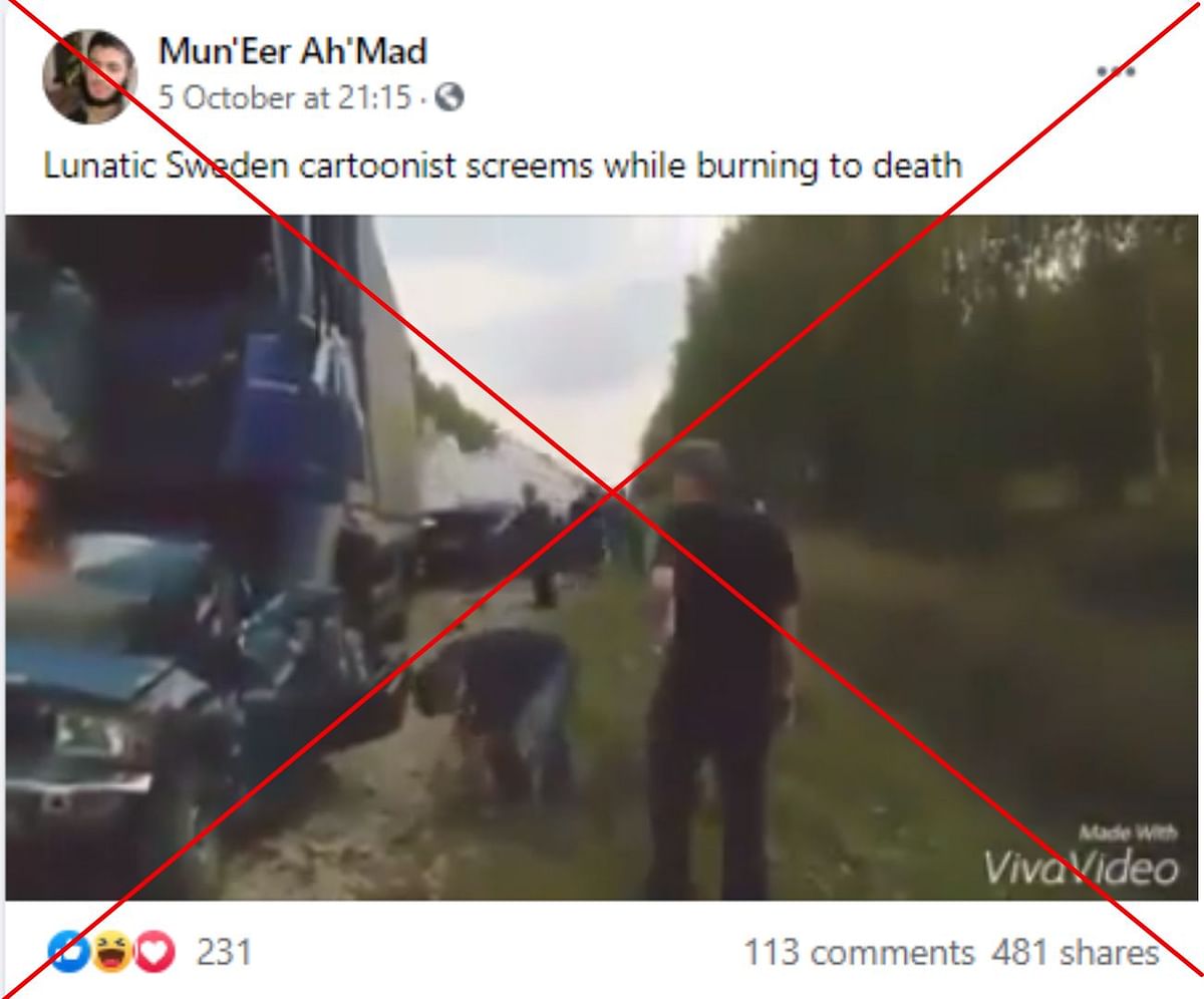 The video shows a seven year old multi-vehicle accident on a Russian highway and not cartoonist Lars Vilks' death.