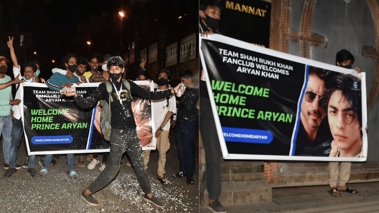<div class="paragraphs"><p>Fans celebrate Aryan Khan's bail in the NCB cruise ship case outside Shah Rukh Khan's residence Mannat.</p></div>
