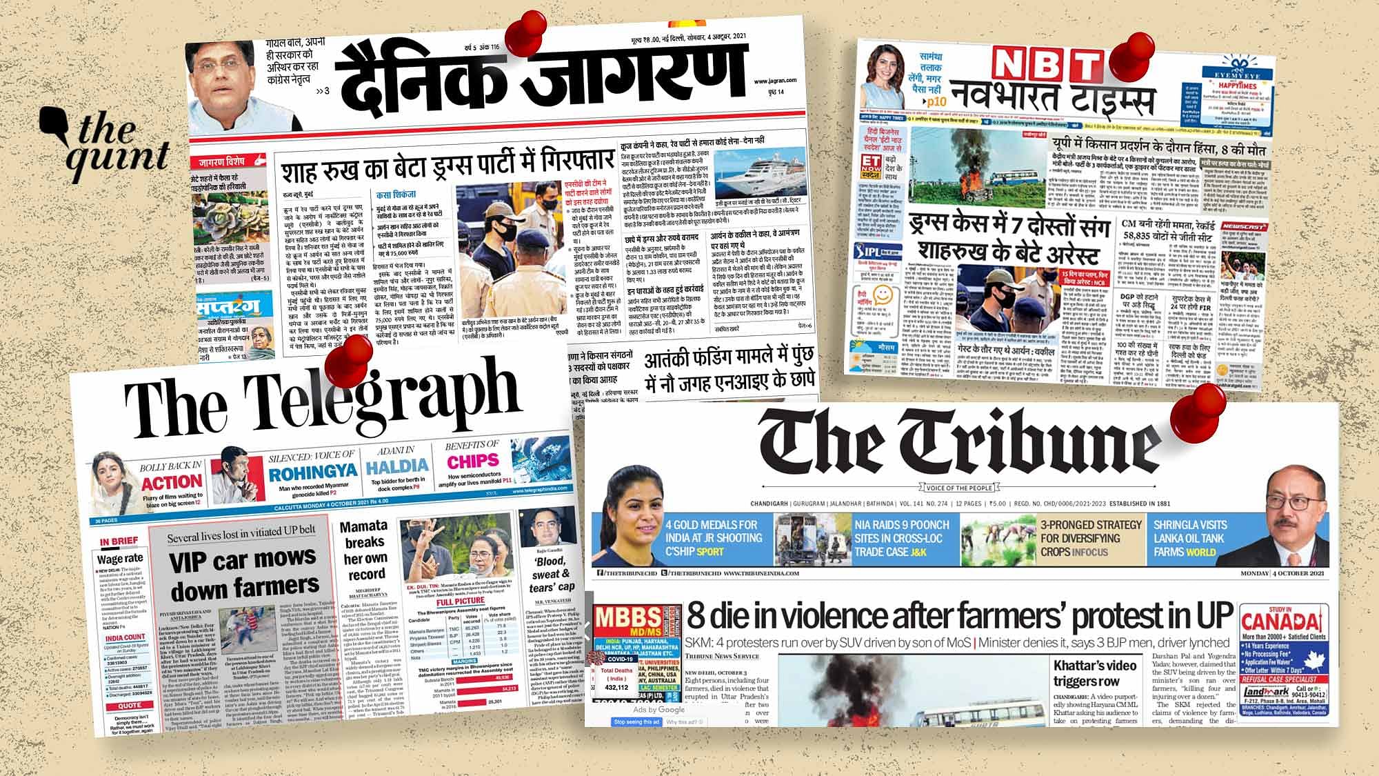 <div class="paragraphs"><p>Given the outrage around the farmers' deaths and the high-profile nature of the NCB drug raid that led to Aryan Khan's arrest – both the stories continued to draw all the attention on news channels and grab all the headlines in leading newspapers on 4 October, Monday.</p></div>
