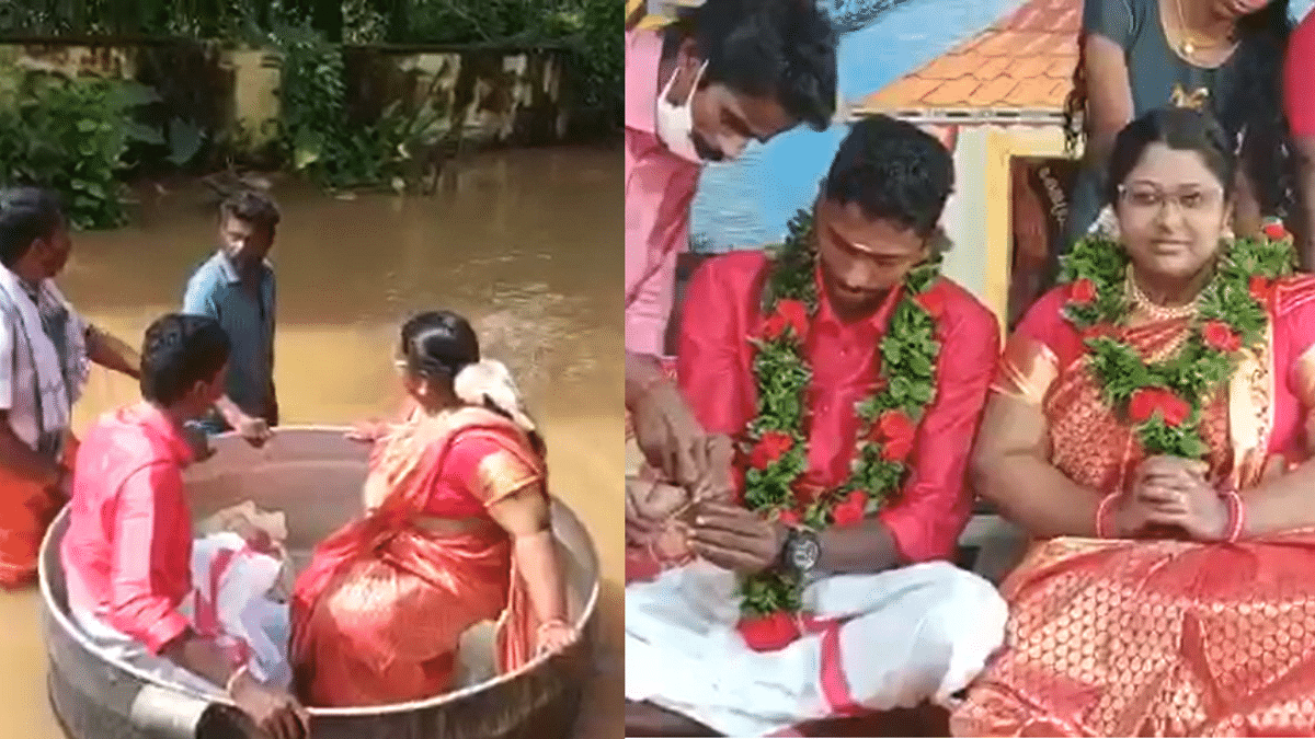 <div class="paragraphs"><p>A Kerala couple travelled to their wedding in a cooking vessel across flooded roads.</p></div>
