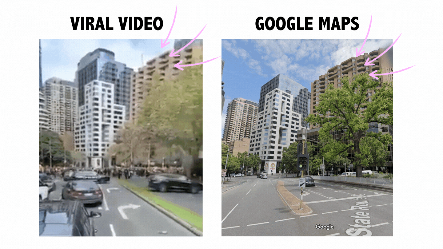 <div class="paragraphs"><p>Visuals highlighting the similarity between the viral video and imagery available on Google Maps.</p></div>