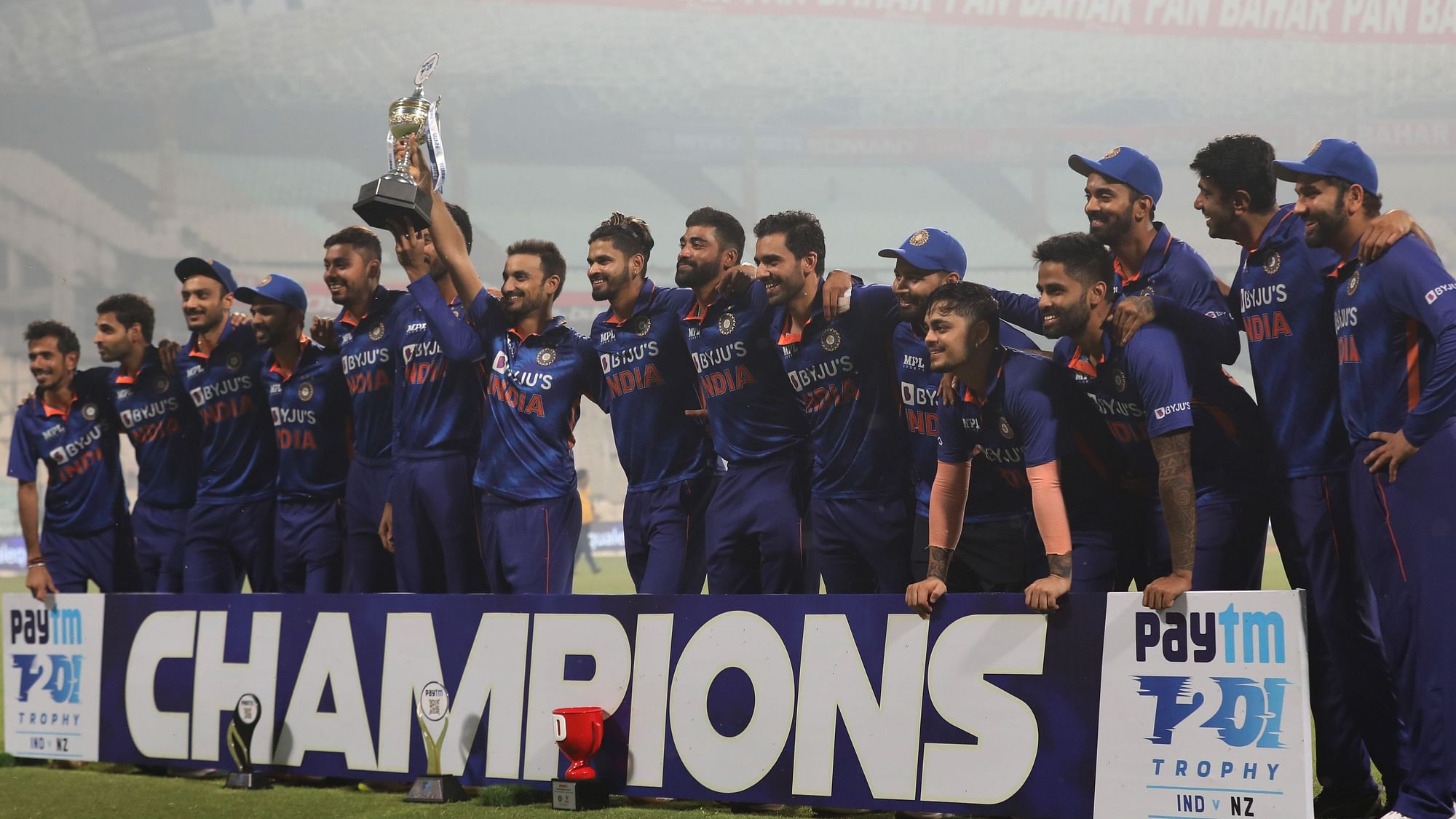 <div class="paragraphs"><p>Team india pose for a picture with the trophy after the third T20 match against New Zealand held at the Eden Gardens Stadium in Kolkata on the 21st November 2021</p></div>