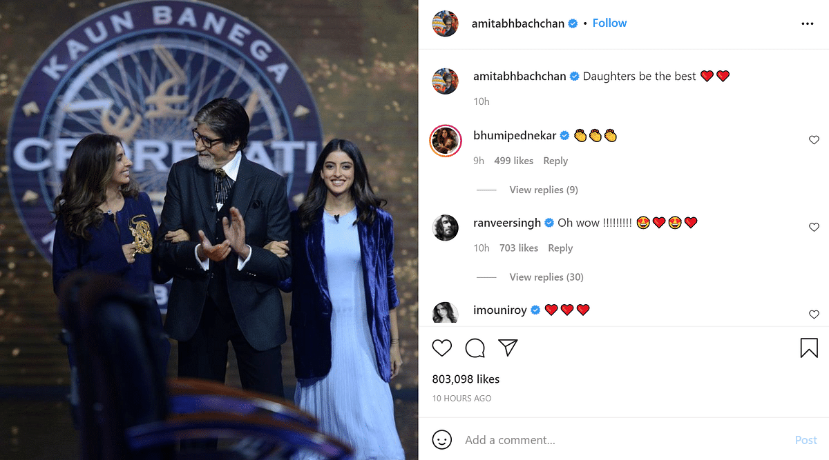 Amitabh Bachchan shared a picture with daughter Shweta and granddaughter Navya and wrote, "Daughters be the best."