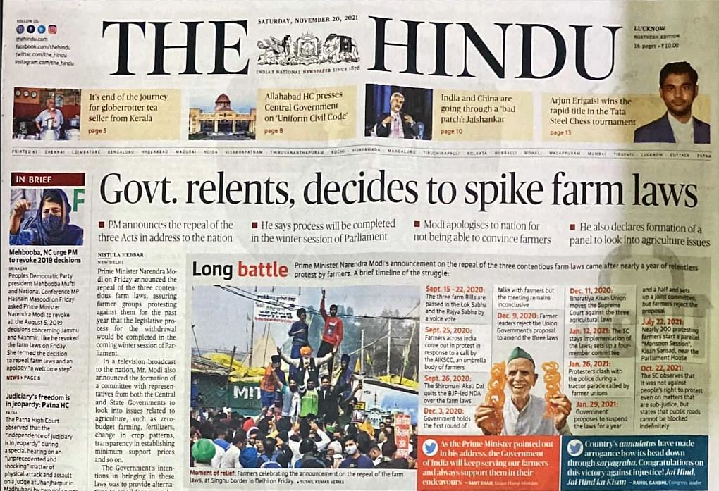 How the front pages of newspapers looked after PM Modi said that his government will repeal the three farm laws.