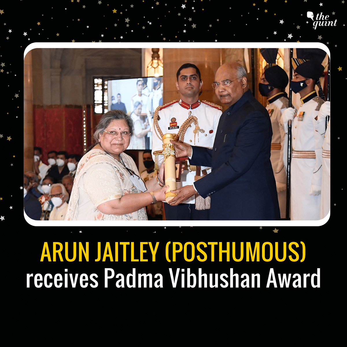 Swaraj's daughter accepted the award from President Kovind, while Jaitley's award was received by his wife.