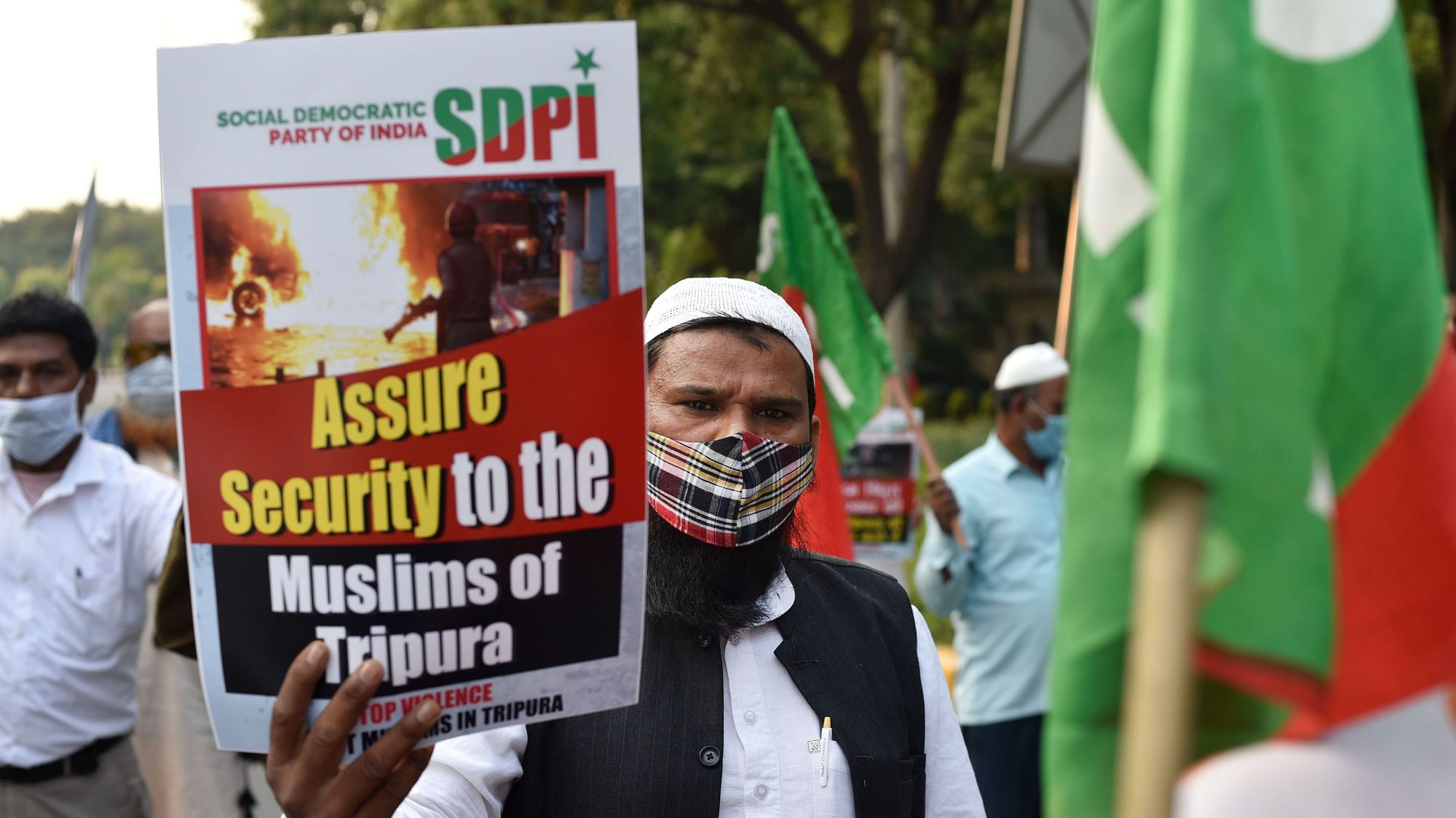 <div class="paragraphs"><p>Social Democratic Party of India (SDPI) members stage a protest against Tripura violence outside the Tripura Bhawan, in New Delhi, on Friday, 29 October.</p></div>