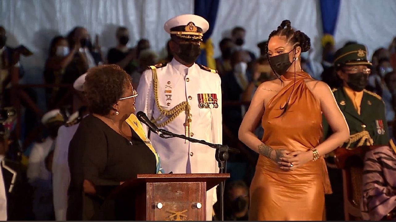 <div class="paragraphs"><p>Mia Mottley,&nbsp;Prime Minister of Barbados, declaring Rihanna as a national hero.&nbsp;</p></div>