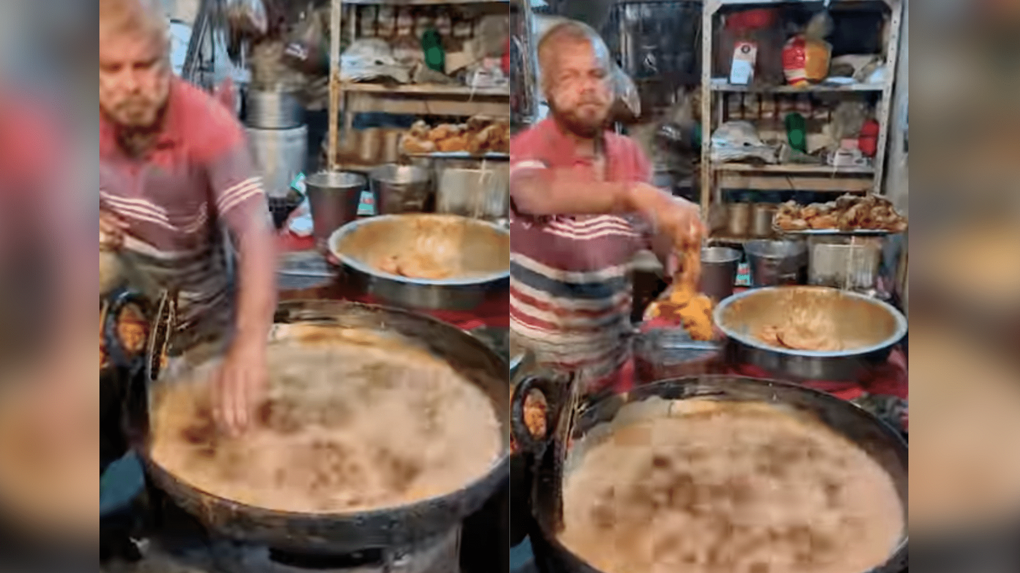 <div class="paragraphs"><p>Man fries chicken in hot oil with his hands.</p></div>