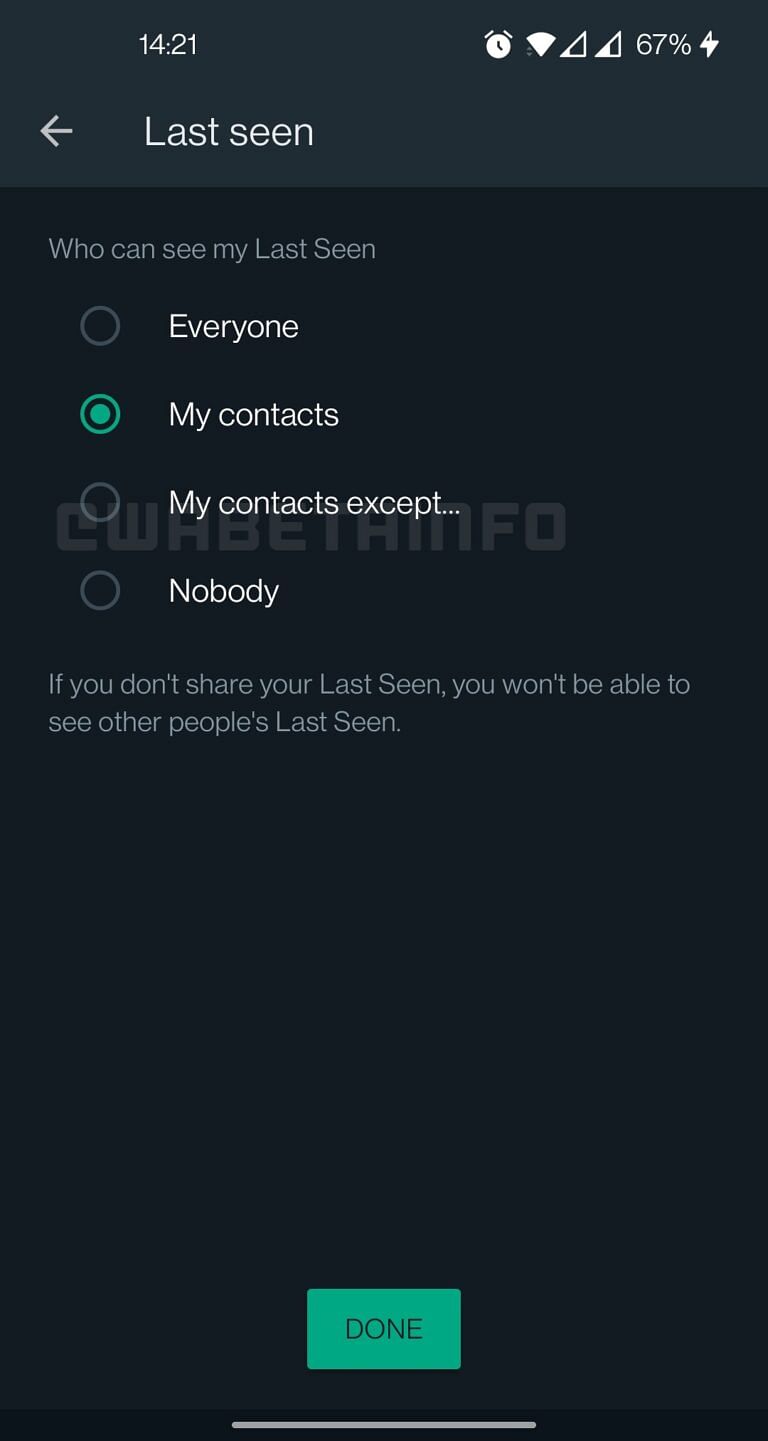<div class="paragraphs"><p>WhatsApp&nbsp;'My contacts except' is available to a few beta users.</p></div>