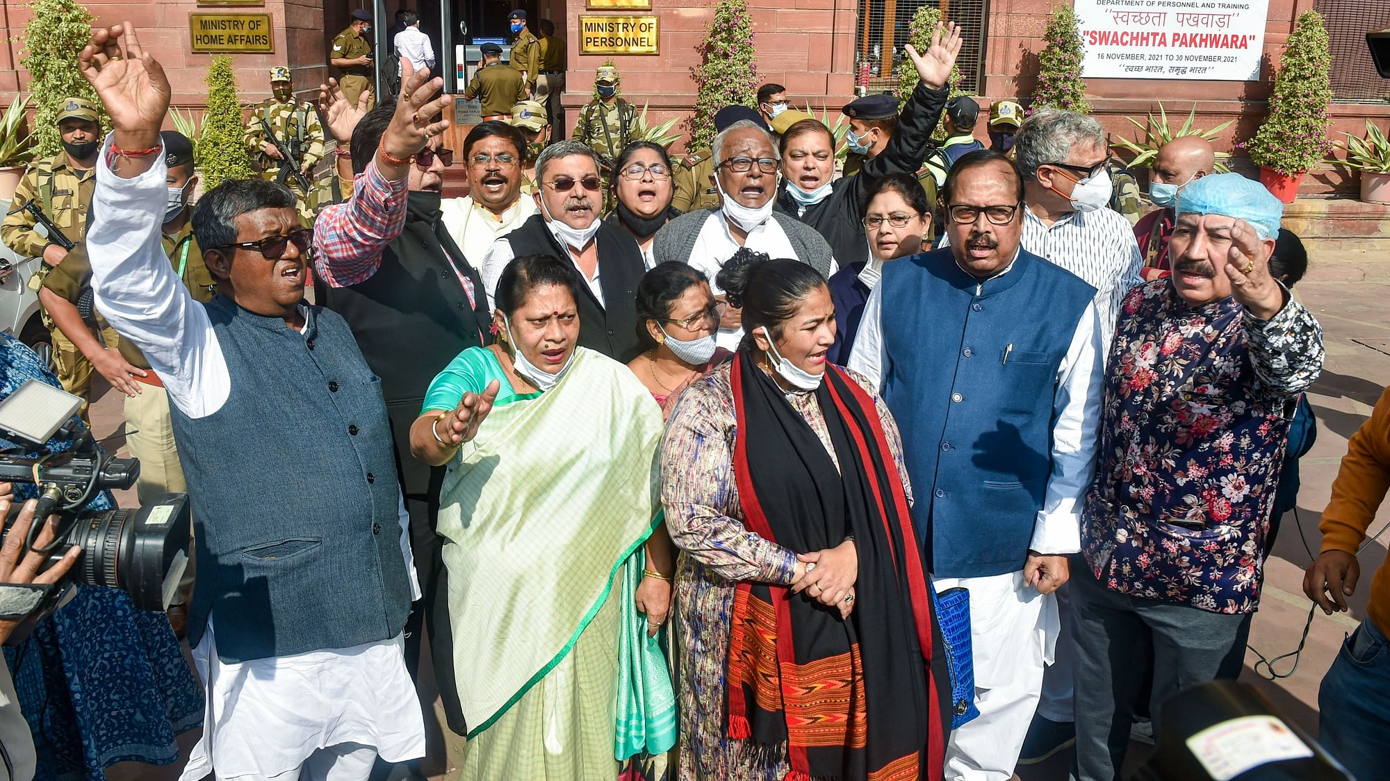 <div class="paragraphs"><p>A delegation of TMC MPs protest outside the Ministry of Home Affairs (MHA) over the alleged police brutality in Tripura, in New Delhi, Monday, 22 November. </p></div>