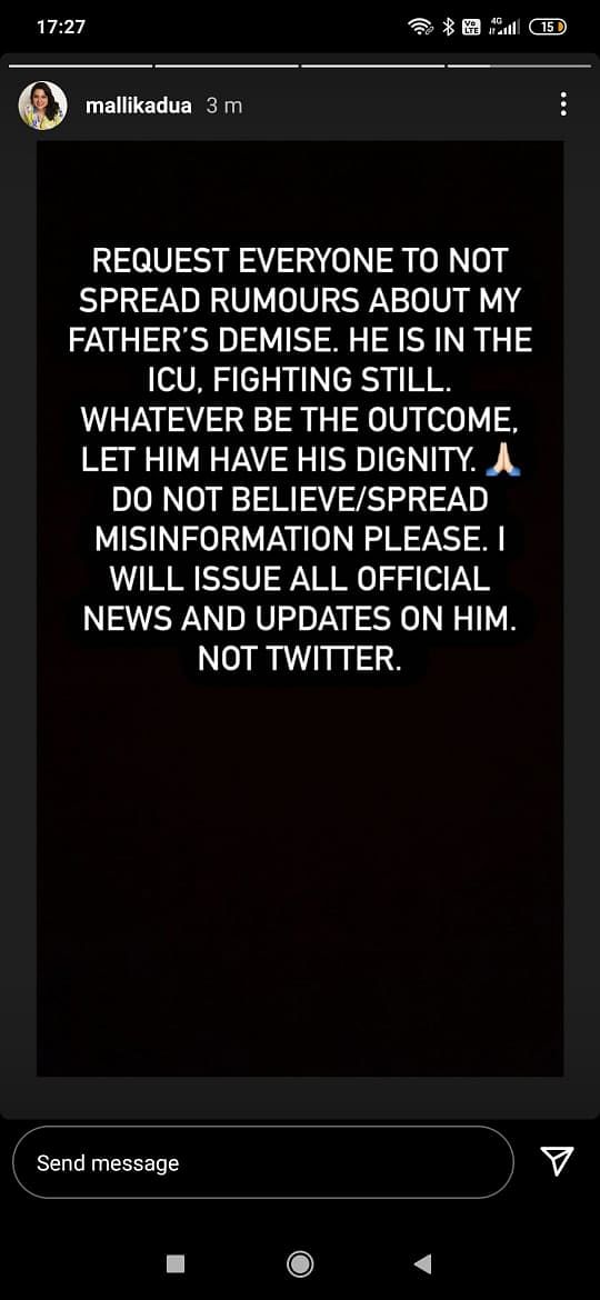 "I will issue all official news and updates on him. Not Twitter," Mallika Dua wrote on Instagram about Vinod Dua.